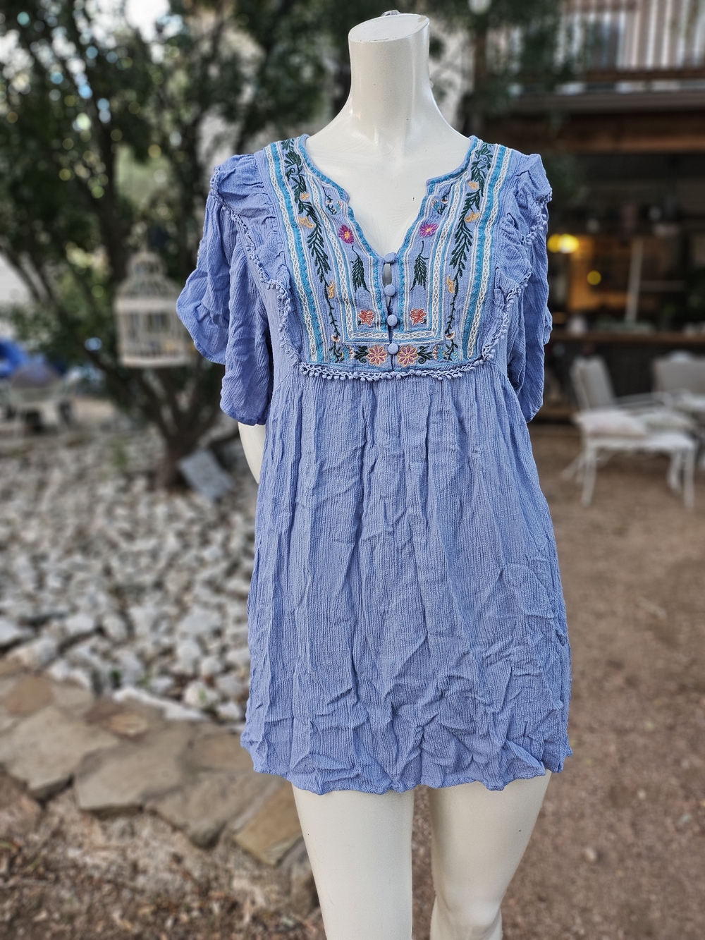 Umgee Blue Rayon Boho Embroidered V-Neck Peasant Top Small